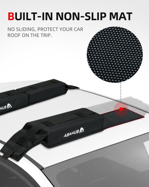 Abahub Soft Roof Rack Pads with 2 Tie Down Straps, 2 Tie Down Ropes, 2 Hood Loops and Storage Bag, for Surfboard, Kayak, Canoe, Heavy Duty Universal Car Roof Racks System (Use Without Cross Bar)