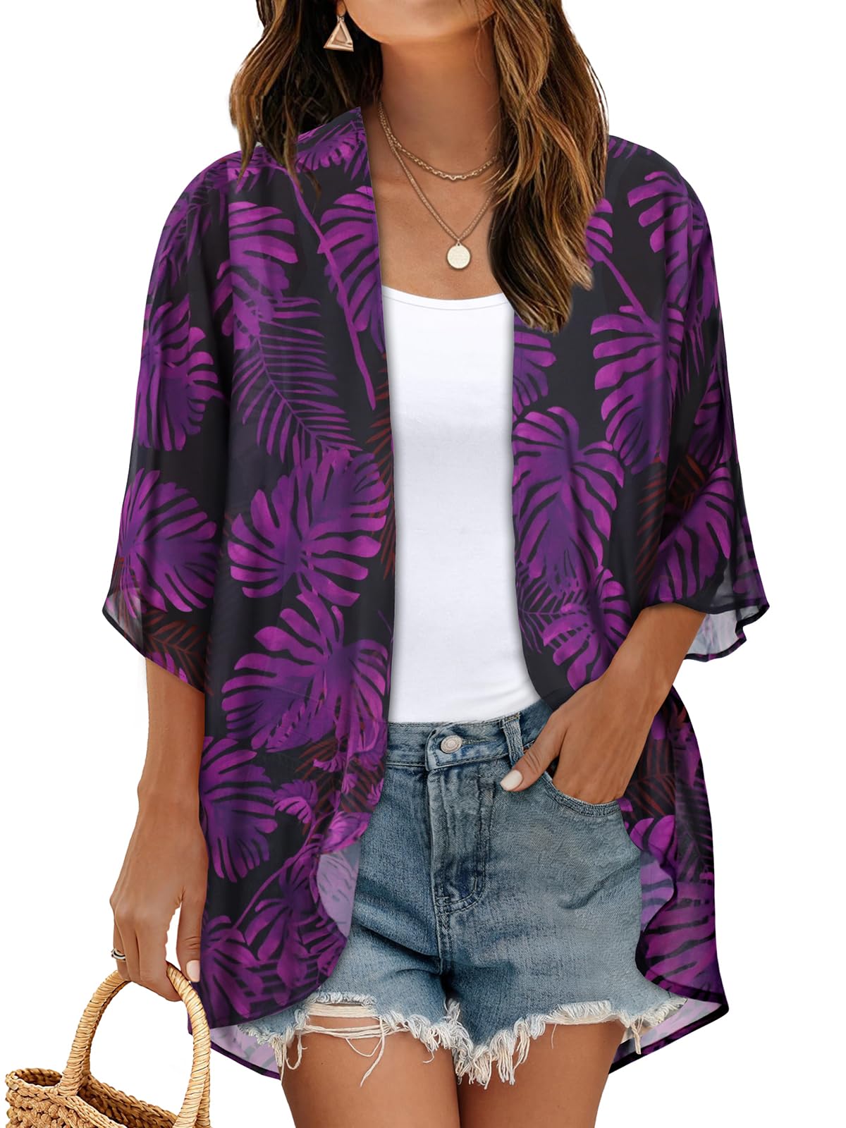 Women's Floral Kimono Print Puff Sleeve Loose Cardigan Cover Up Casual Blouse Tops (Black Purple Leaves, M)