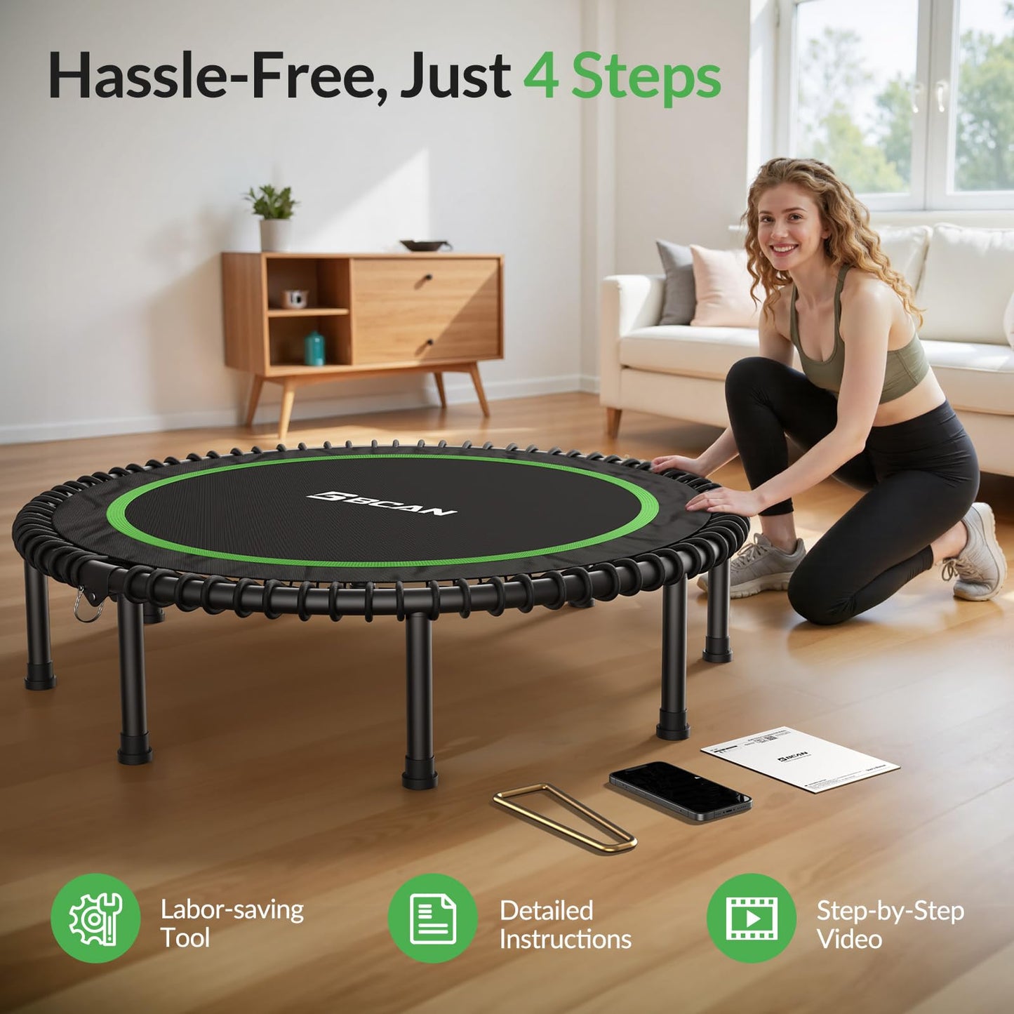 BCAN 48" Adult Fitness Trampoline with Durable Bungees, Stable & Quiet Exercise Rebounder,Great Mini Trampoline for Indoor/Garden Workout - Green