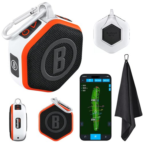 Bushnell Golf Wingman Mini GPS Speaker (Orange/White) | Magnetic Mount, Music & Audible Distances for 38,000+ Courses, Carabiner Clip, Waterproof, 36-Hole Battery, with Signature Series Golf Towel