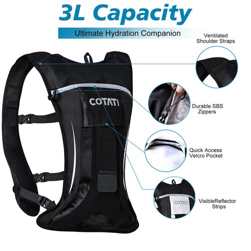 COTATI Hydration Backpack Running Vest with 2L Water Bladder,Lightweight Backpacks for Men Women Hiking Biking Cycling (Black, Water Bladder 2L)