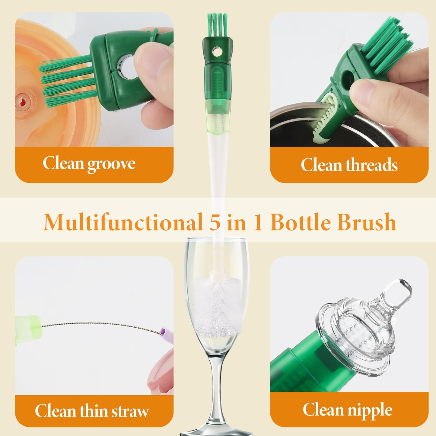 5 Pack Water Bottle Cleaner Brush Set for Hygiene Conscious People: 5 in 1 Removable Multifunctional Water Bottle Brush Cleaning Tools - Easily Cleans the Cup Mouth Lid Bottom and Straw