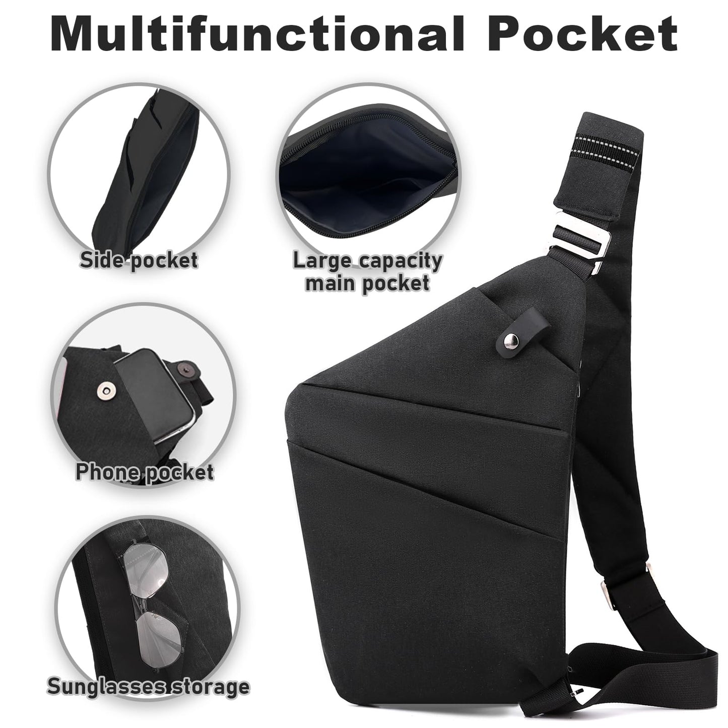 Anti Theft Travel Bag Sling Cross-body Bag Large Capacity (Right, Black)
