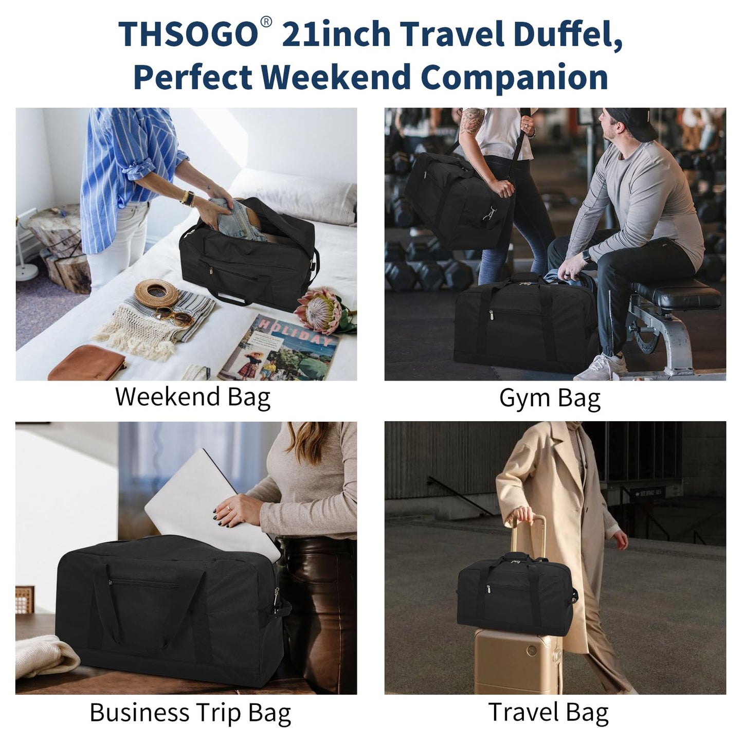 THSOGO 21 inch Gym Bag for Men - 40L Travel Duffel Bag Sport Duffle Bags for Weekend Overnight with Bottom Support (Black）