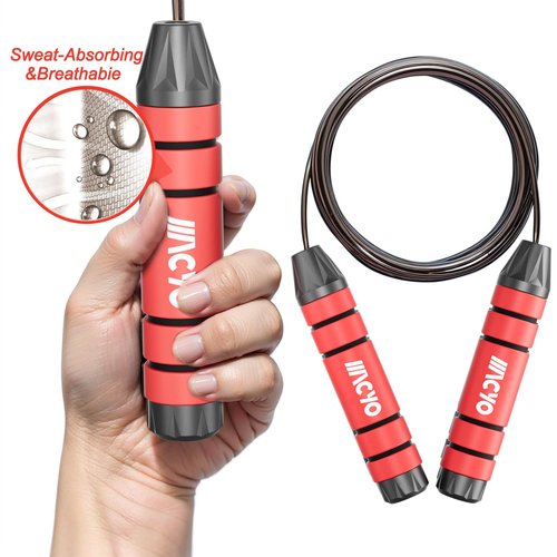 Macyo Adjustable Jump Rope with Triple Bearings, Tangle-Free Steel Cable, Weighted Handles – Ideal for Speed Training, Gym, and Home Workouts (Red)