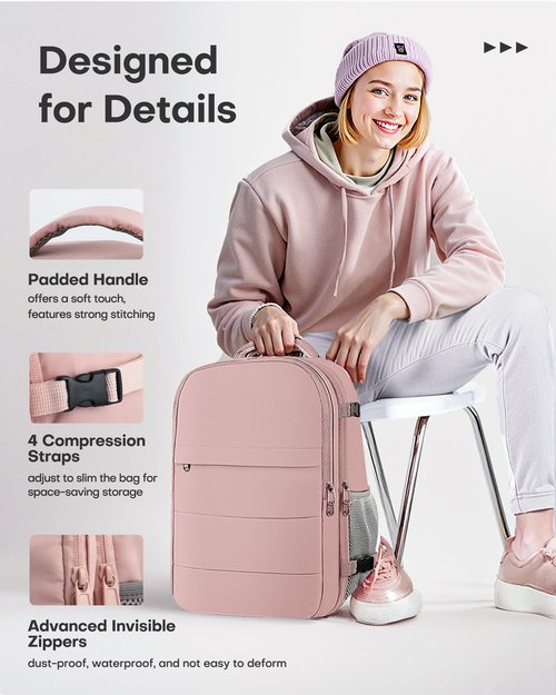 HOTOR Travel Backpack - Flight Approved Travel Bag for Men and Women, Carry on Luggage for 15.6" Laptop and Travel Essentials for Work, Business, Weekender, College 11.8"x7.9"x17.3" (Pink)