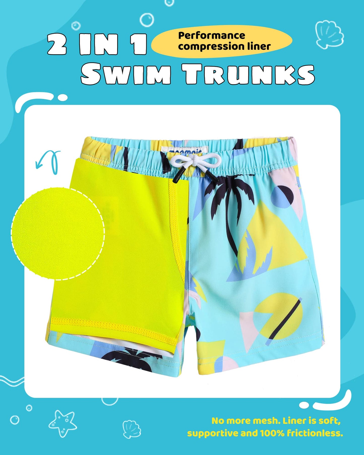 maamgic Boys Swim Trunks with Compression Liner Toddler Stretch Swim Shorts Quick Dry Swimming Trunks Boxer Brief 2 in 1 Beach Shorts Egg Yolk Coconut 2T