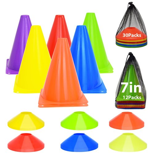 42/84Pcs Soccer Cones Set, 12Pcs 7" Cones Sports with 30Pcs Disc Cones & Mesh Bag, Soccer Cones for Training, Cones for Sports Training, Soccer Training Cones(42 Packs, Multicolor)