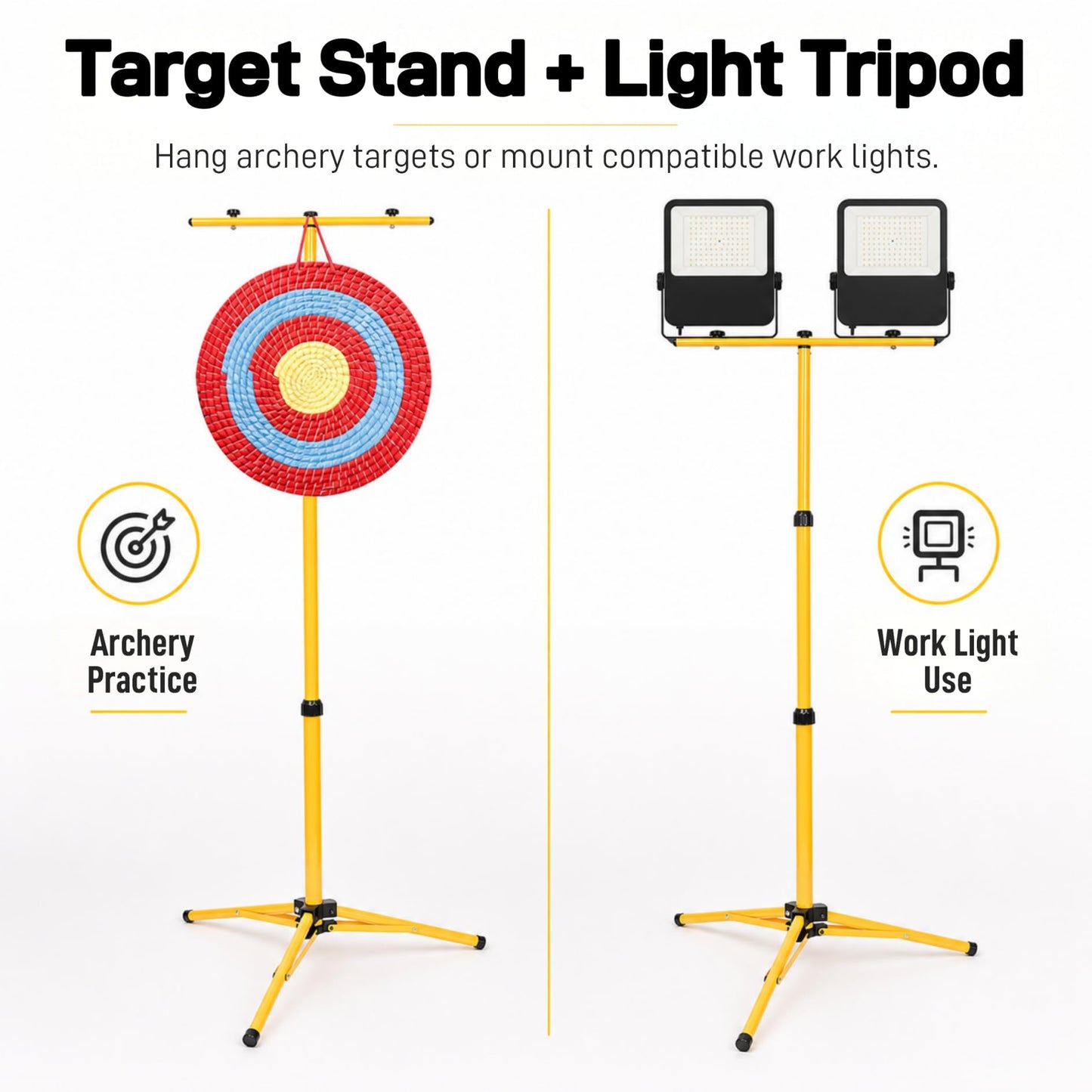Archery Target Stand, Adjustable Foldable Metal Bow and Arrow Target Tripod Stand for Backyard & Shooting Range, Hanging Target Holder for Straw, Foam, Grass & EVA Targets, Also Fits Work Lights