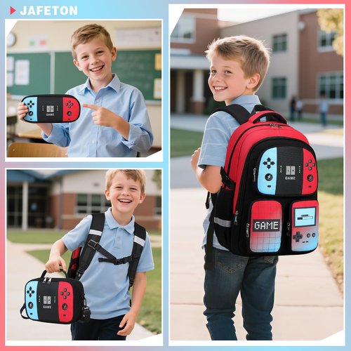 Gamer Backpack for Boys , 3PCS Boys Backpack with Lunch Box & Pencil Pouch, Waterproof School Bags for Boy Kids Children Teens, Elementary Middle School, Kids Book Bag Casual Daypack (Red Black)