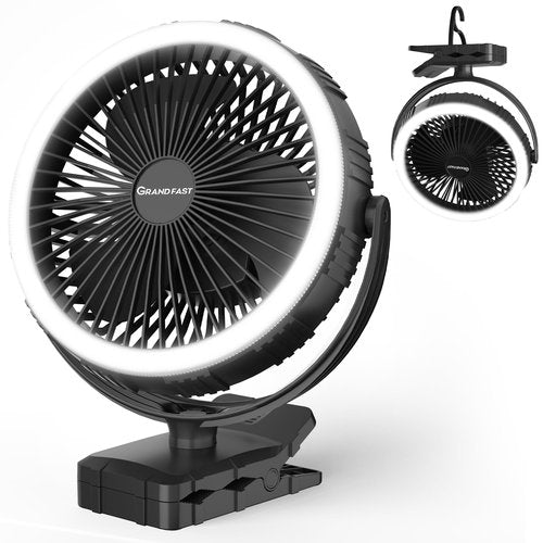 GRANDFAST Rechargeable Camping Fan, Battery Operated with Timer, Powerful Airflow Portable Fan, Strong Clip with Light & Hook for Camping Outdoor Travel BBQ Hurricane Power Outage