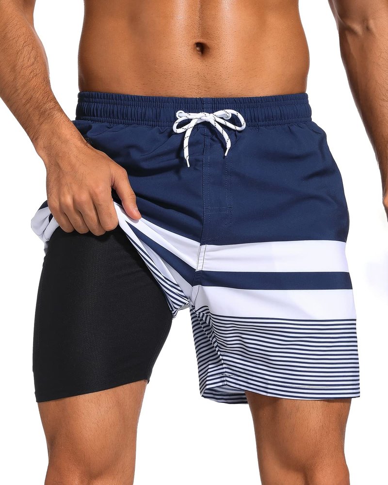 SILKWORLD Quick Dry Mens Swim Trunks with Compression Liner Stretch Swim Shorts Bathing Suits with Zipper Pockets,Dark Navy&White Stripes,Large