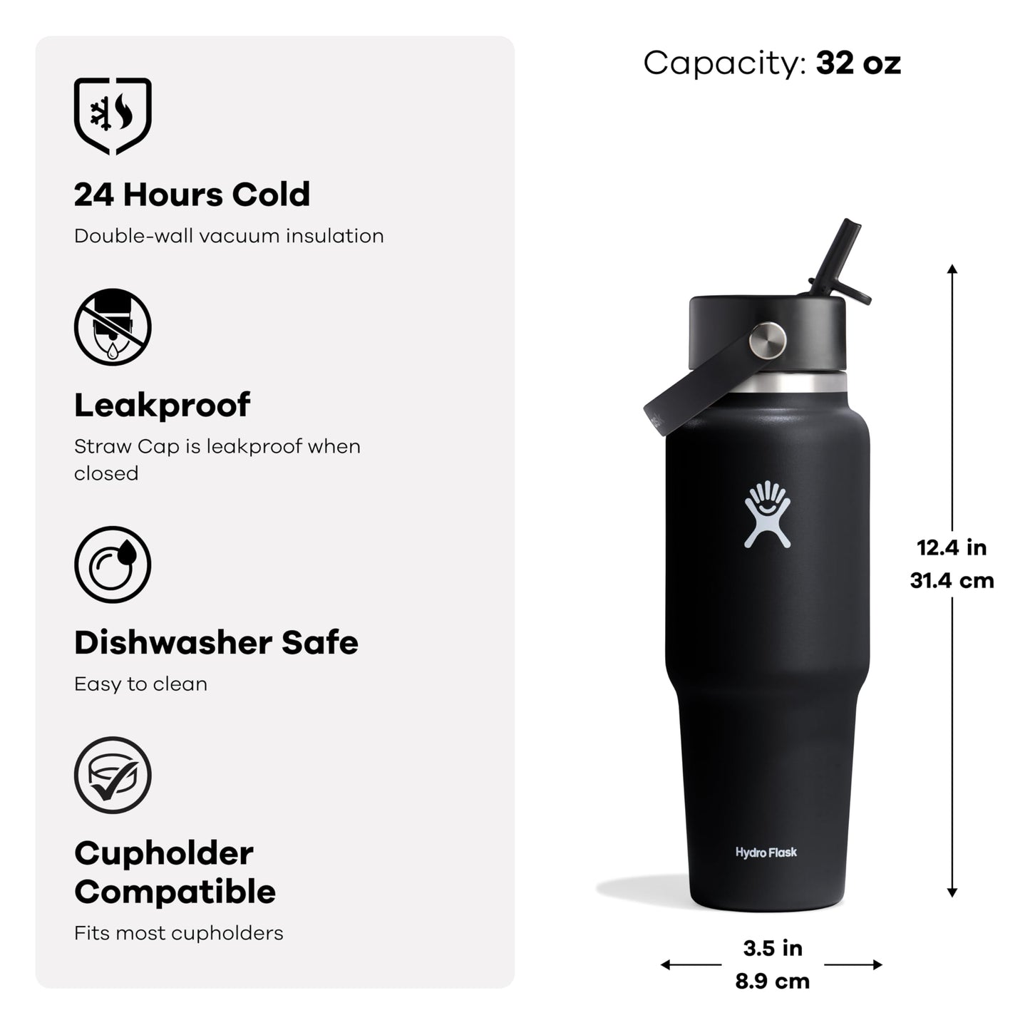 Hydro Flask Travel Water Bottle - Insulated Stainless Steel - Wide Straw Lid, Non Spill, Leakproof in 32 Oz Agave Green