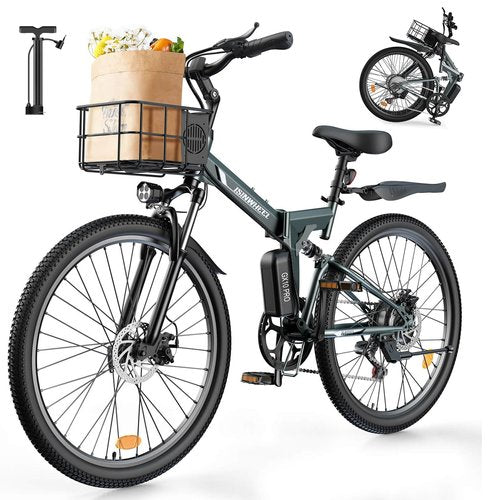 isinwheel M40 Folding Electric Bike for Adults 500W Ebike with Basket, Dual USB Charging Ports, Full Suspension, 7 Speed Gearshift, 20mph Foldable Electric Bicycles, 26" Electric Mountain Bike