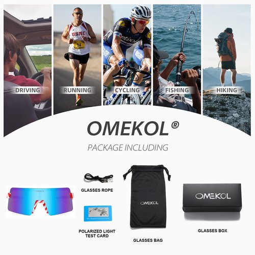 OMEKOL Polarized Sports Sunglasses Cycling Glasses UV400 Mountain Bike Goggles MTB Riding Bicycle Eyewear Men Women Baseball Running Fishing Golf Outdoor - USA Flag Frame/Blue Lens