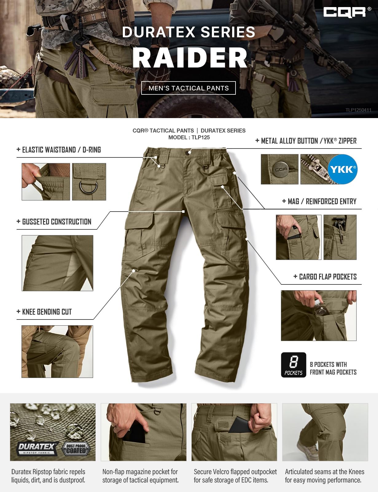 CQR Men's Tactical Pants, Water Resistant Ripstop Cargo Pants, Lightweight EDC Work Hiking Pants, Outdoor Apparel, Raider Mag Soil Green, 34W x 34L