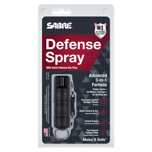 SABRE Self Defense Spray, 3-in-1 Formula Contains Max Strength Pepper Spray, CS Military Tear Gas & UV Marking Dye, Quick Release Easy Carry Key Ring, Finger Grip for Accurate Aim, 0.54 fl oz, 2 Pack
