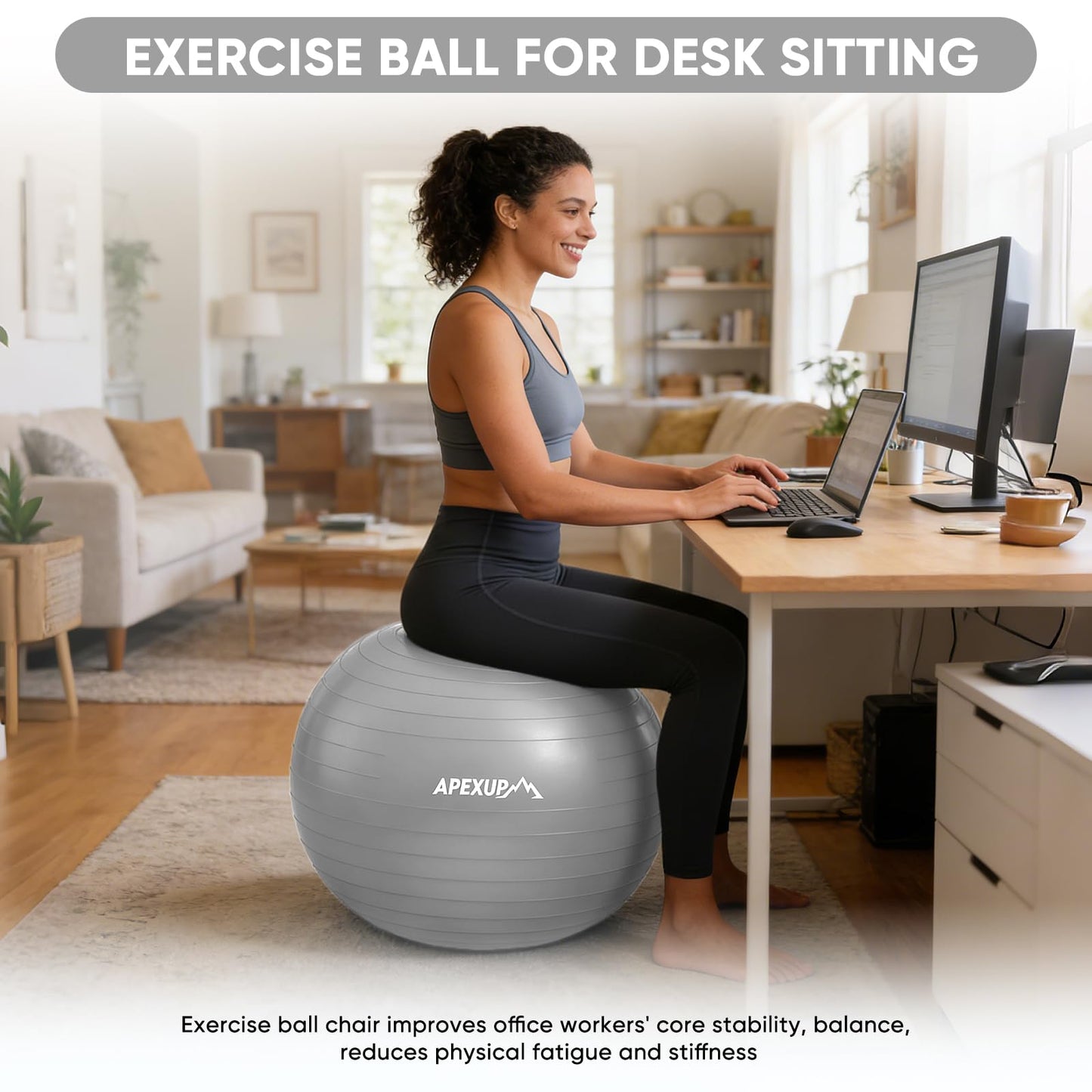 APEXUP Yoga Ball Exercise Ball Anti Slip Heavy Duty for Fitness, Balance & Core Workout, Balance Training, Pregnancy & Physical Therapy, 5 Sizes (XL (27"~30") 75cm, Silver)