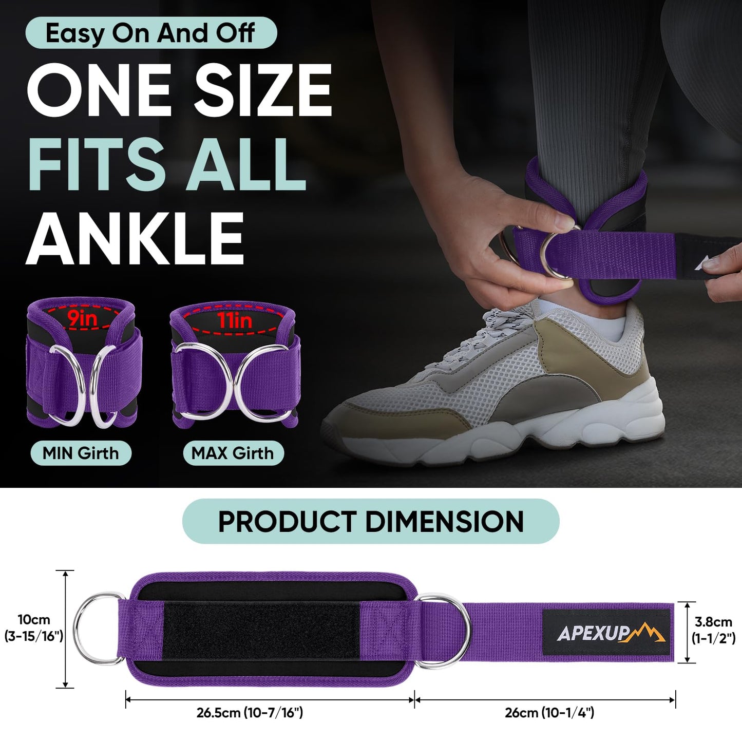 APEXUP Ankle Strap for Cable Machine, Ankle Resistance Bands, Cable Kick Back Straps for Gym, Glute Workouts, Leg Extensions, Adjustable Straps with Neoprene Padding (Pair, Black+Purple)