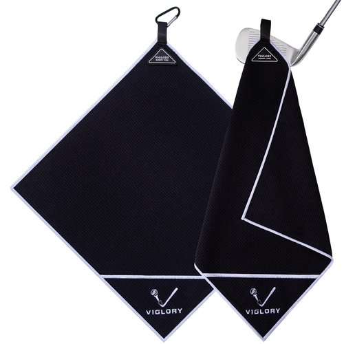 VIGLORY Magnetic Golf Towel - Exclusive Cleaning Pocket–18"x18"–Strong Magnet for Golf Cart or Clubs, Spot-Clean Design, Ultra Absorbent Waffle Microfiber–Golf Accessories & Gift for Men(Black)