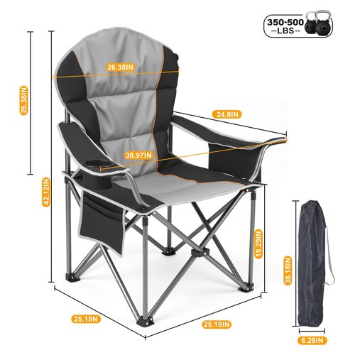 Elevon Oversized Camping Chair for Adults, Portable Folding Chair Heavy Duty, Support 500 LBS Steel Frame Padded Chair with Cup Holder Cooler Bag, Black