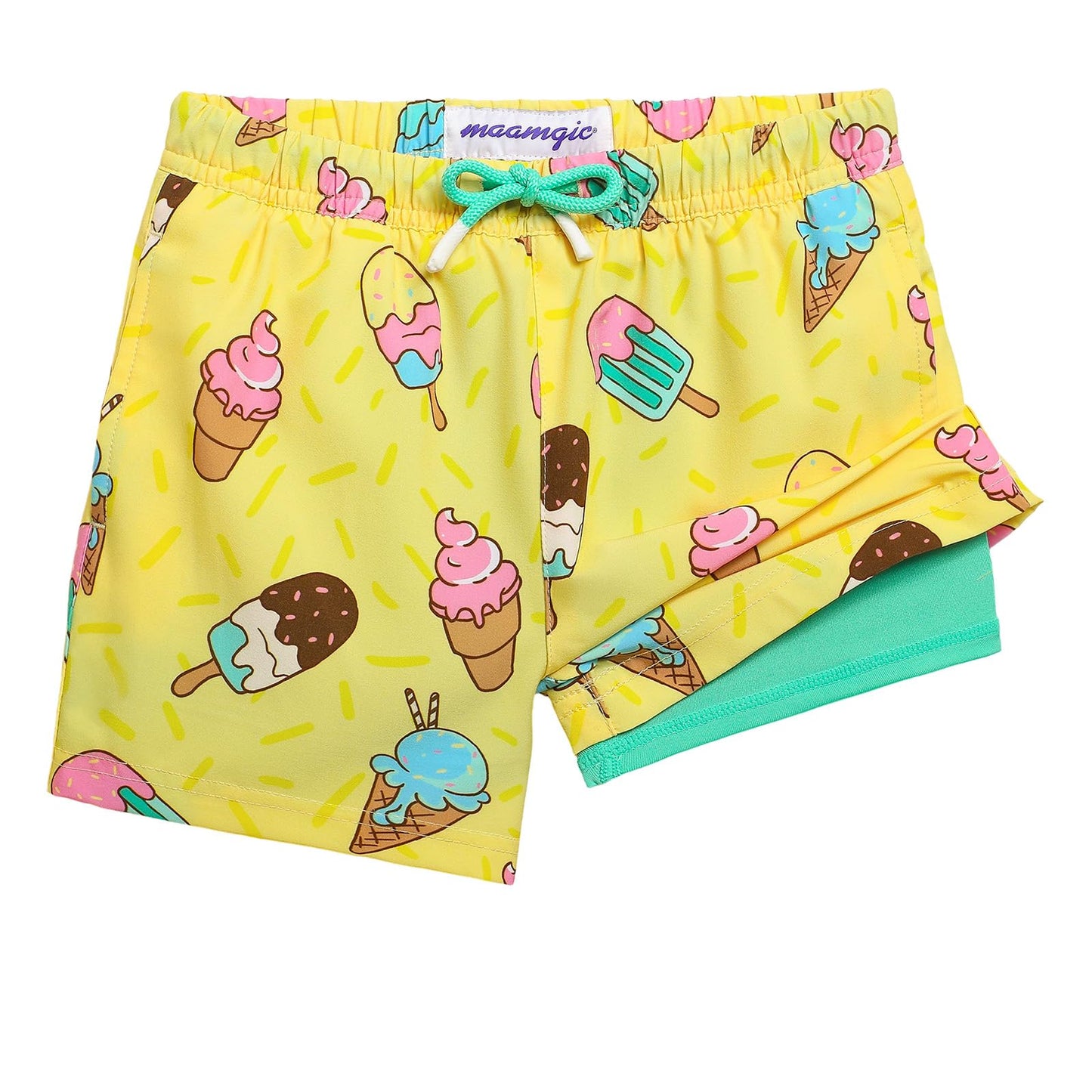 maamgic Boys Swim Trunks with Compression Liner Toddler Stretch Swim Shorts Quick Dry Swimming Trunks Boxer Brief 2 in 1 Beach Shorts Yellow Ice Cream 3T
