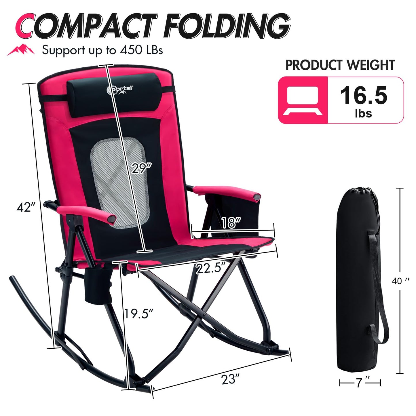 Portal Oversized Folding Rocking Camping Chair Portable Outdoor Rocker with High Back, Pillow for Lawn, Patio, Camping Outside, Hot Pink, 400 lbs