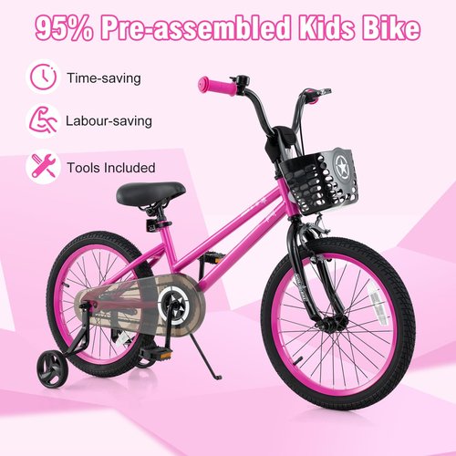 BABY JOY Starry Kids Bike, 12 14 16 18 Inch Bicycle with Training Wheels, Storage Basket, Adjustable Handlebar & Seat, Handbrake & Coaster Brake, Girls Boys Bike (18 Inches, Kickstand, Pink)