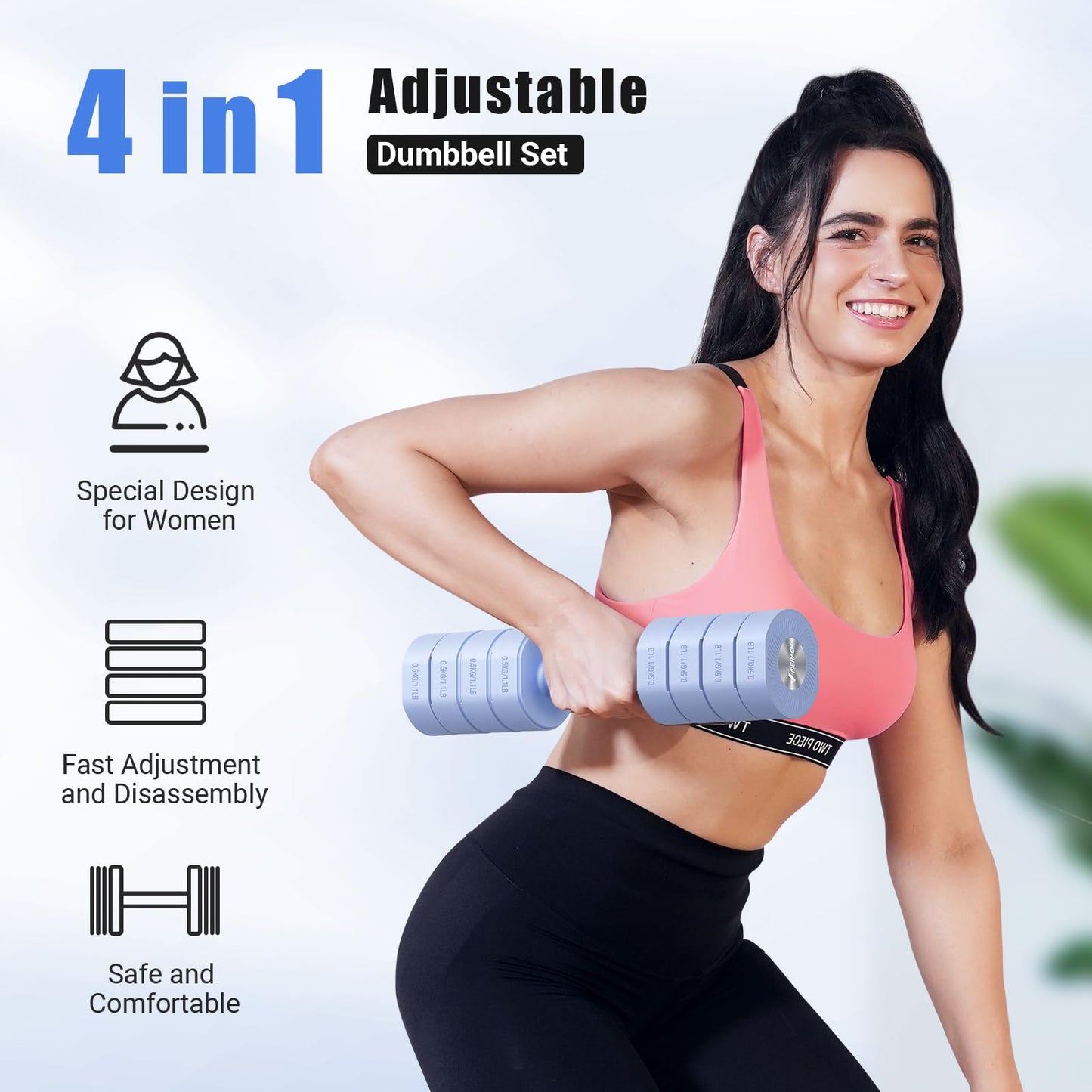 MERACH Dumbbell Set of 2, Adjustable Weight, Anti-slip Handle, Macaron Colors, Each 2.2/4.4/6.6/8.8 lbs, 4 in 1 Hand Weights for Women at Home, Blue