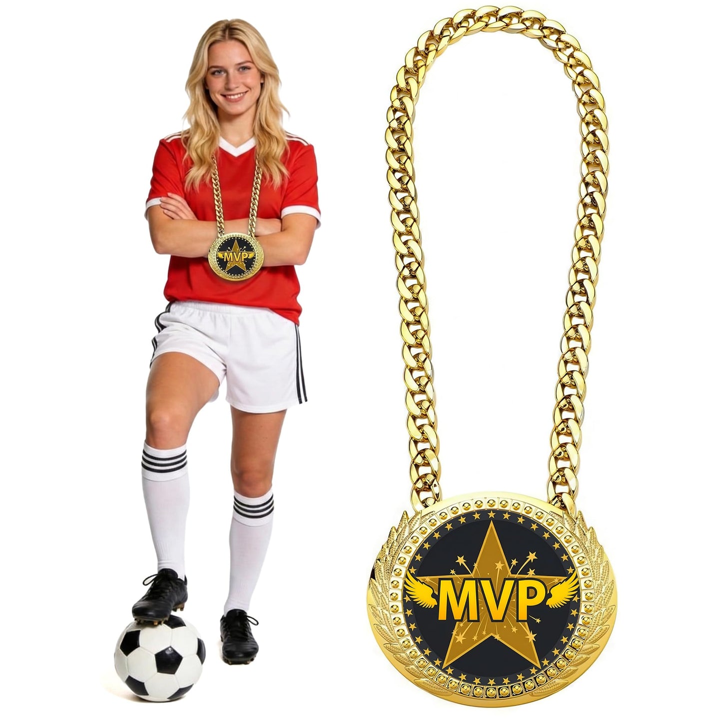 Opxuliix MVP Award Medals Turnover Chain - 6 Inch Big Gold Sports Achievement Champion Necklace for Most Valuable Player, Championship Medal for Football Soccer Basketball, Prize Gift Party Favors