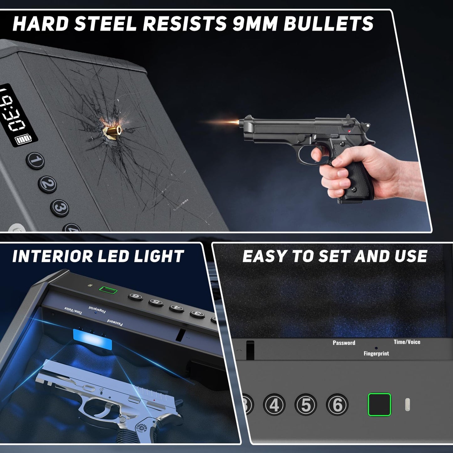 Biometric Gun Safe for Pistols Handgun Safe with Fingerprint Digital PIN Key Gun Lock Box Storage for Home Bedroom Bedside Nightstand and Car, 5-Ways unlock with Emergency Power Supply