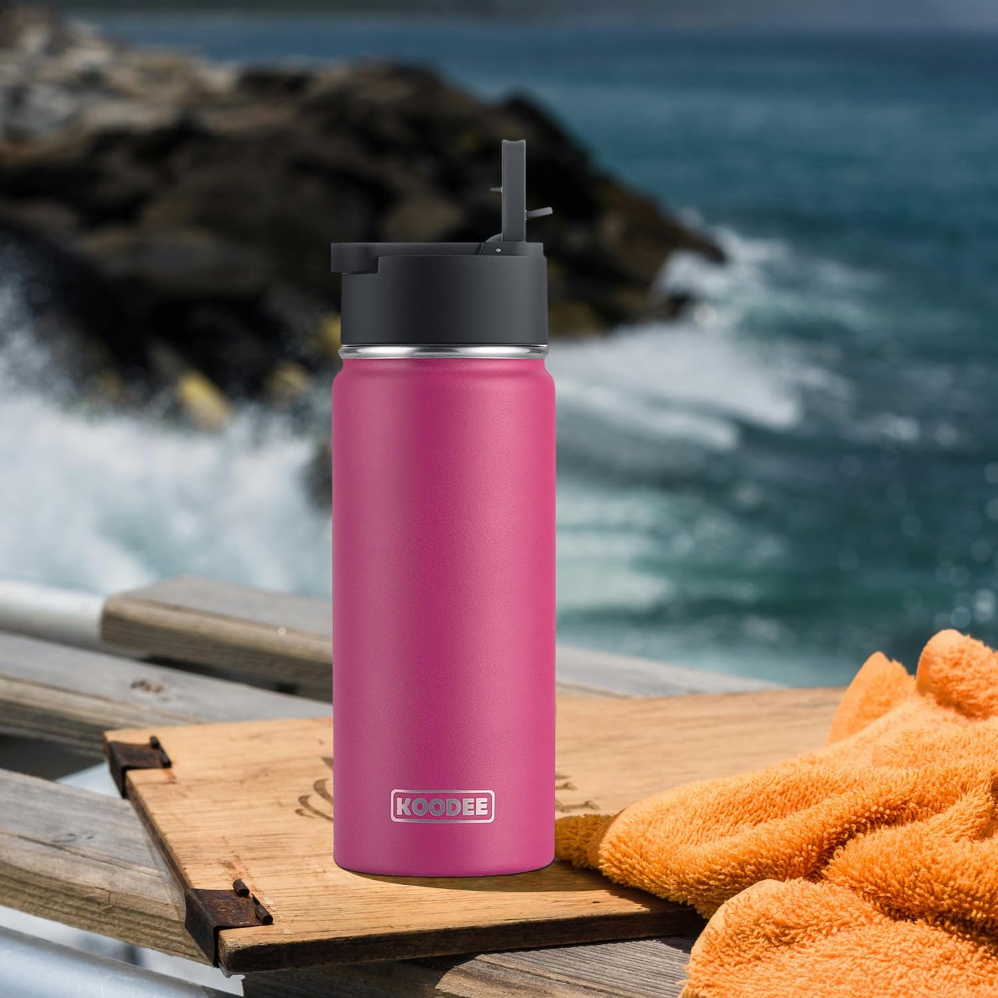 koodee Insulated Water Bottle -18 oz Stainless Steel Vacuum Water Bottle with Straw Lid-Wide Mouth Sports Flask BPA Free (Rose Red)