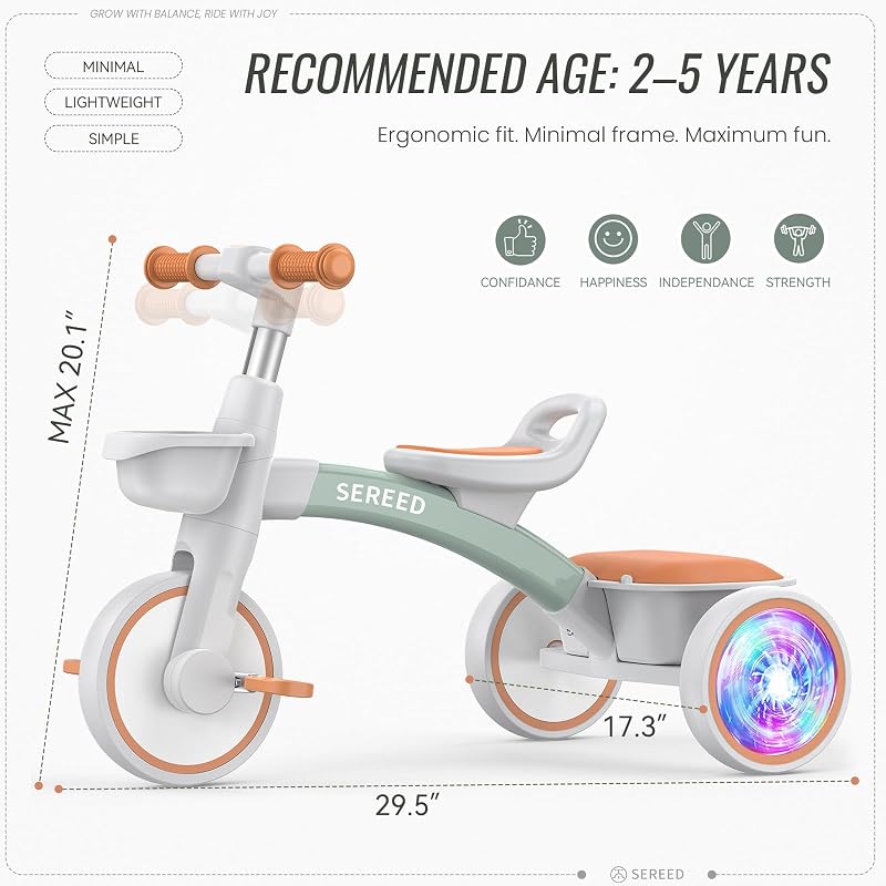 SEREED Colorful Light-Up Tricycle for Kids Ages 2-5 — Green, 3-Position Seat