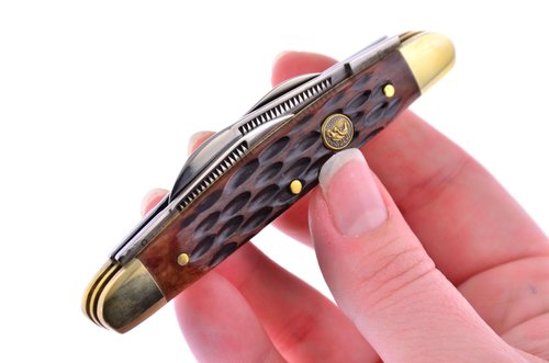 Hen & Rooster Pocket Knife 214BRPB Congress with a Brown Bone Handle German Stainless Steel Blades Closed 3.5 Inches