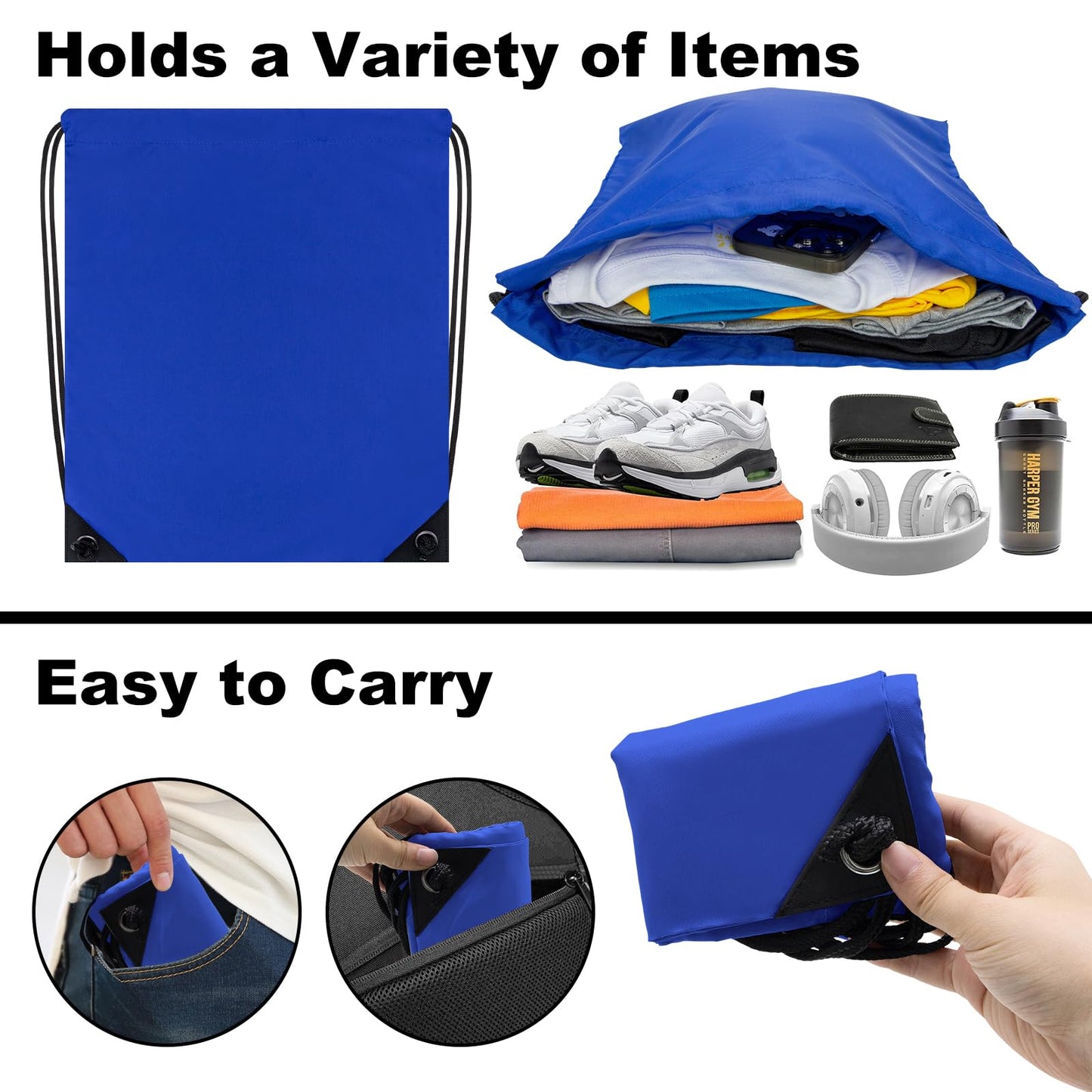 CALACH 2PCS Drawstring Bags Bulk, String Backpack for Men Women, Cinch Bag Draw String Back Bag for Gym, Sports, Travel, Swimming, Beach, Blue