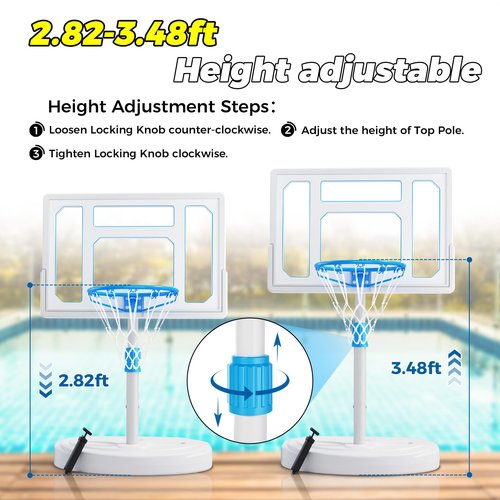 Skytime Pool Basketball Hoop, Rust-Proof 32" Portable Basketball Hoop Poolside, Height Adjustable Swimming Pool Basketball Goal Set with Fillable Base,2 Balls, Perfect for Swimming Pool & Home Play