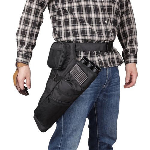 KRATARC 3-Tubes Hip Quiver Waist Hanged Arrow Archery Carry Bag with Pockets Adjustable Belt (Black)