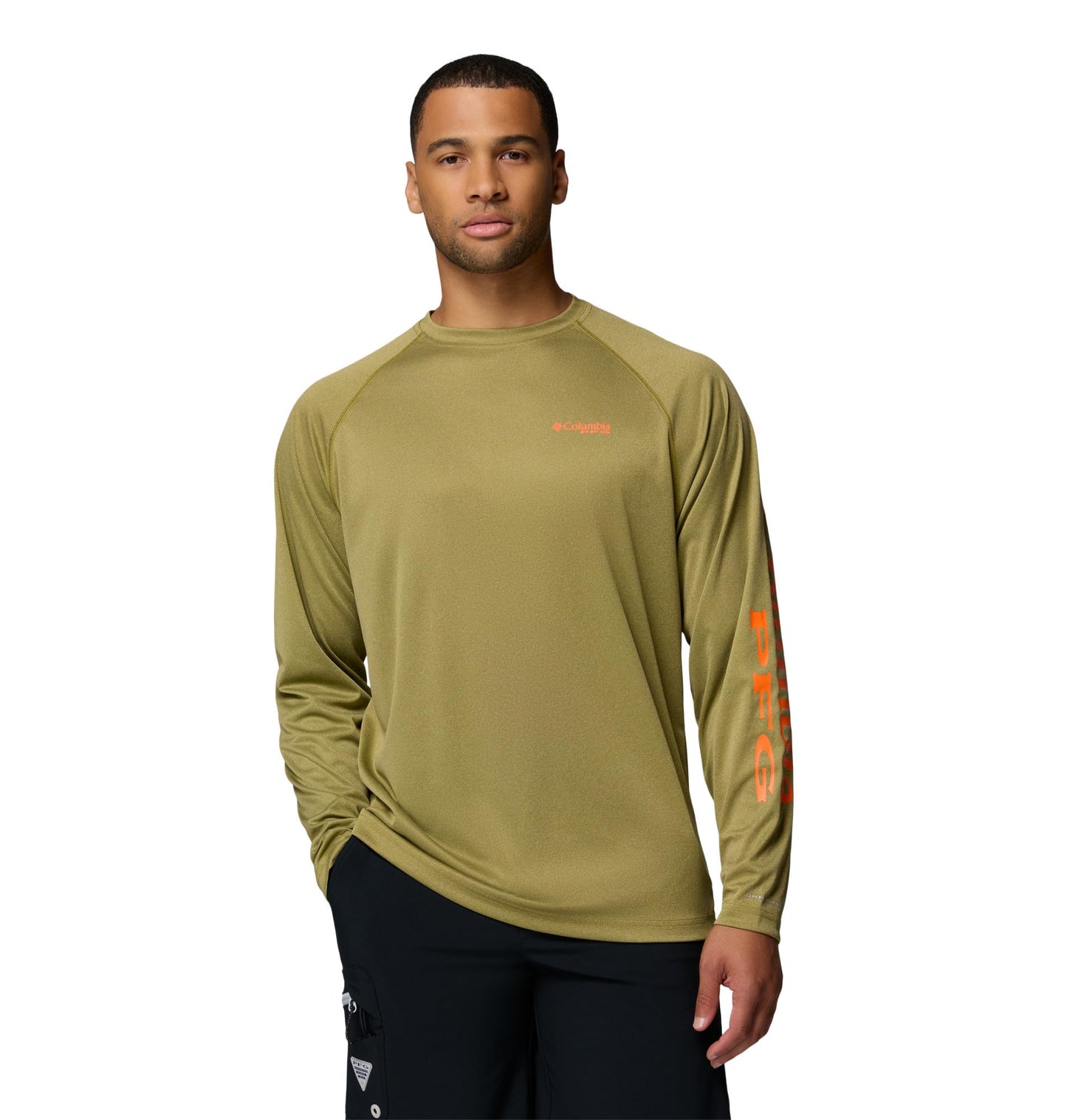 Columbia Men's PFG Terminal Tackle Long Sleeve Fishing Shirt, Grove Green Heather/Spark Orange Logo, 3X Tall