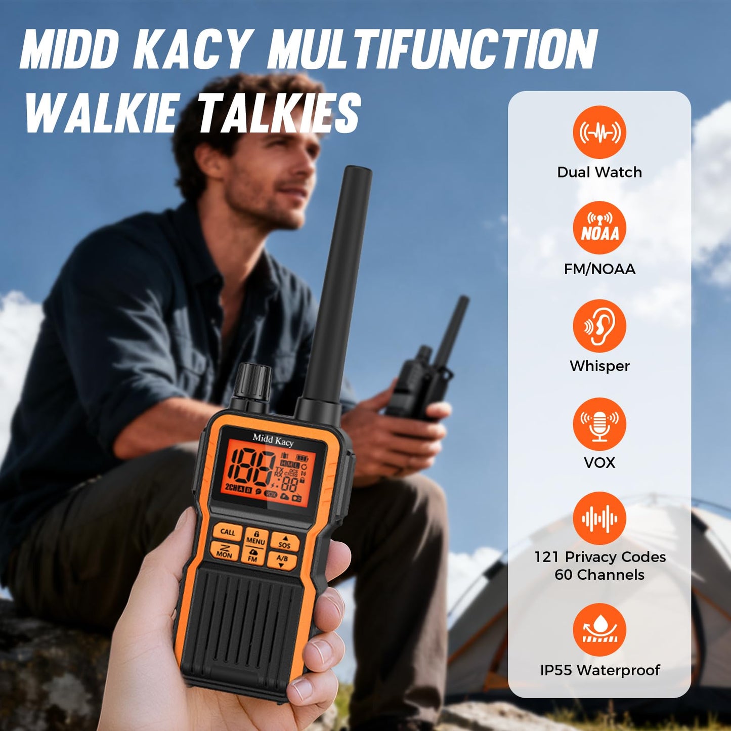 Midd Kacy Walkie Talkies Long Range, 60 Channel GMRS Portable Hunting Waterproof 2 Way Radio with 121 Privacy Codes, SOS, NOAA Weather Alerts, VOXChannel Scanning, 2 Pack (Black/Orange)