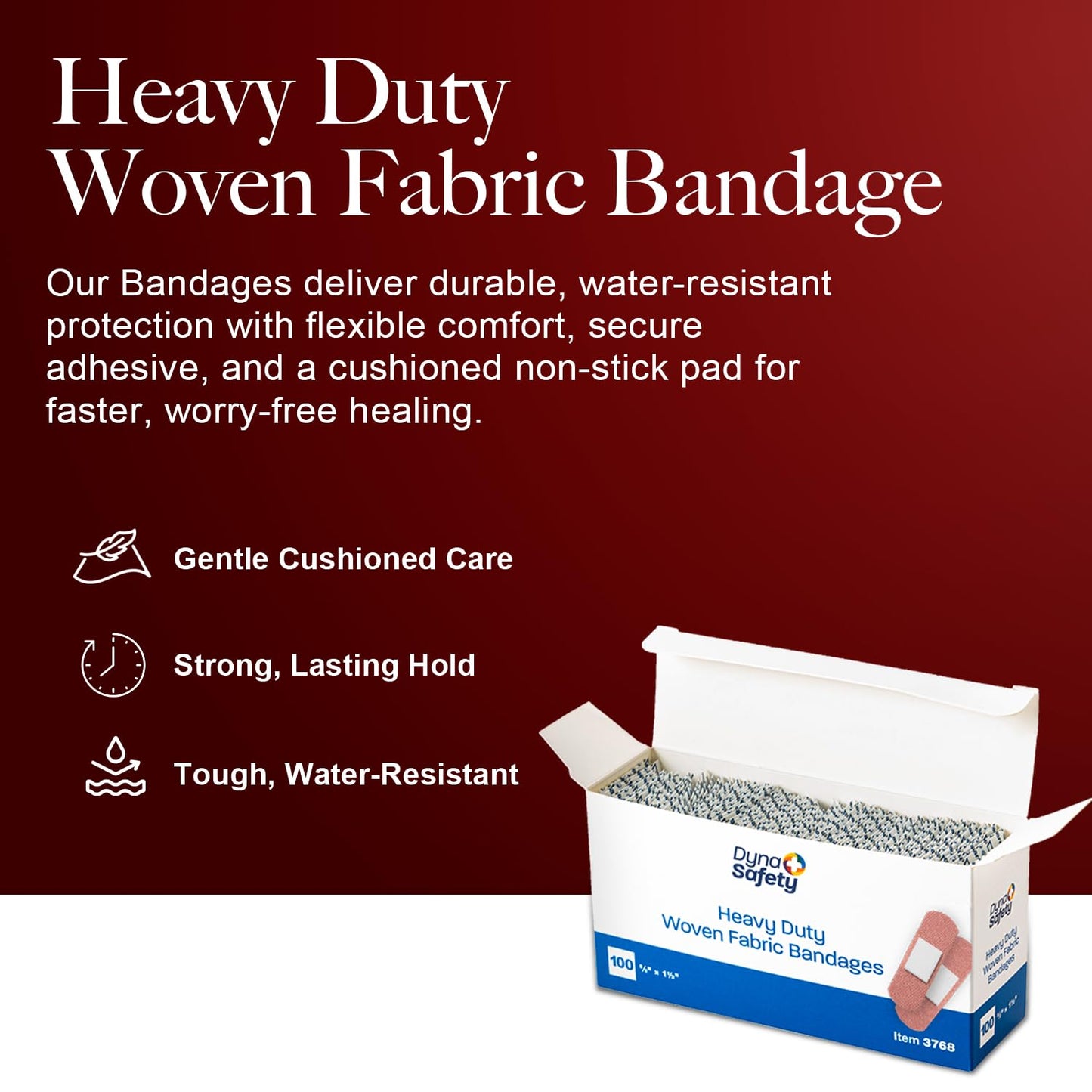 Dynarex Sterile Adhesive Heavy Duty Woven Fabric Bandages - 5/8" x 1.5" Flexible Wound Dressing for Minor Cuts, Secure Fit with Non-Stick Pad, 100 per Box