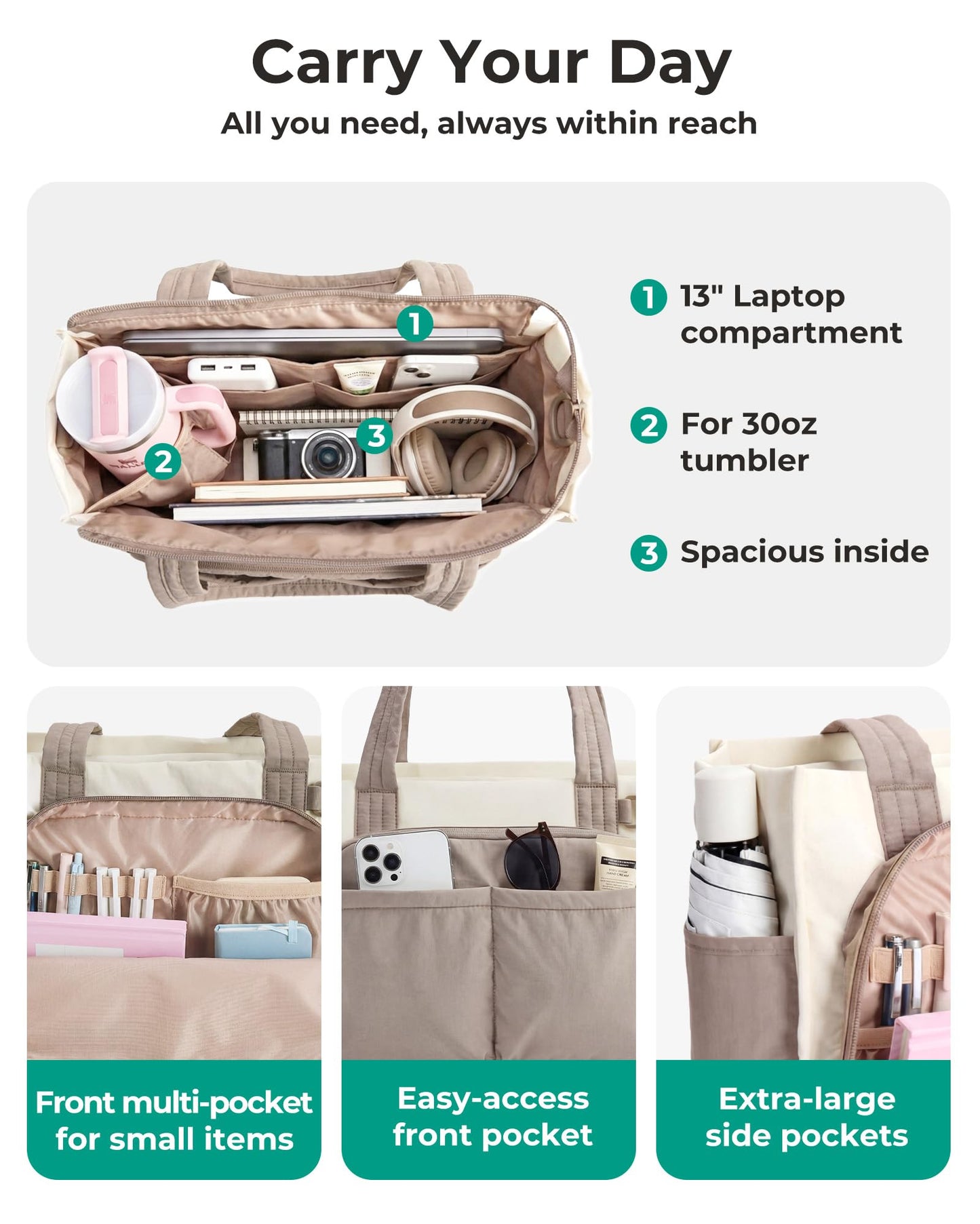BAGSMART Tote Bag for Women Puffy 13/15.6" Laptop Work Bag Travel Handbag