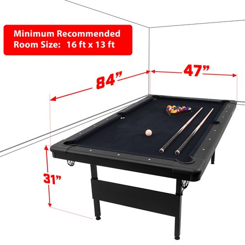GoSports 7 ft Billiards Table - Portable Pool Table - Includes Full Set of Balls, 2 Cue Sticks, Chalk, and Felt Brush - BLACK