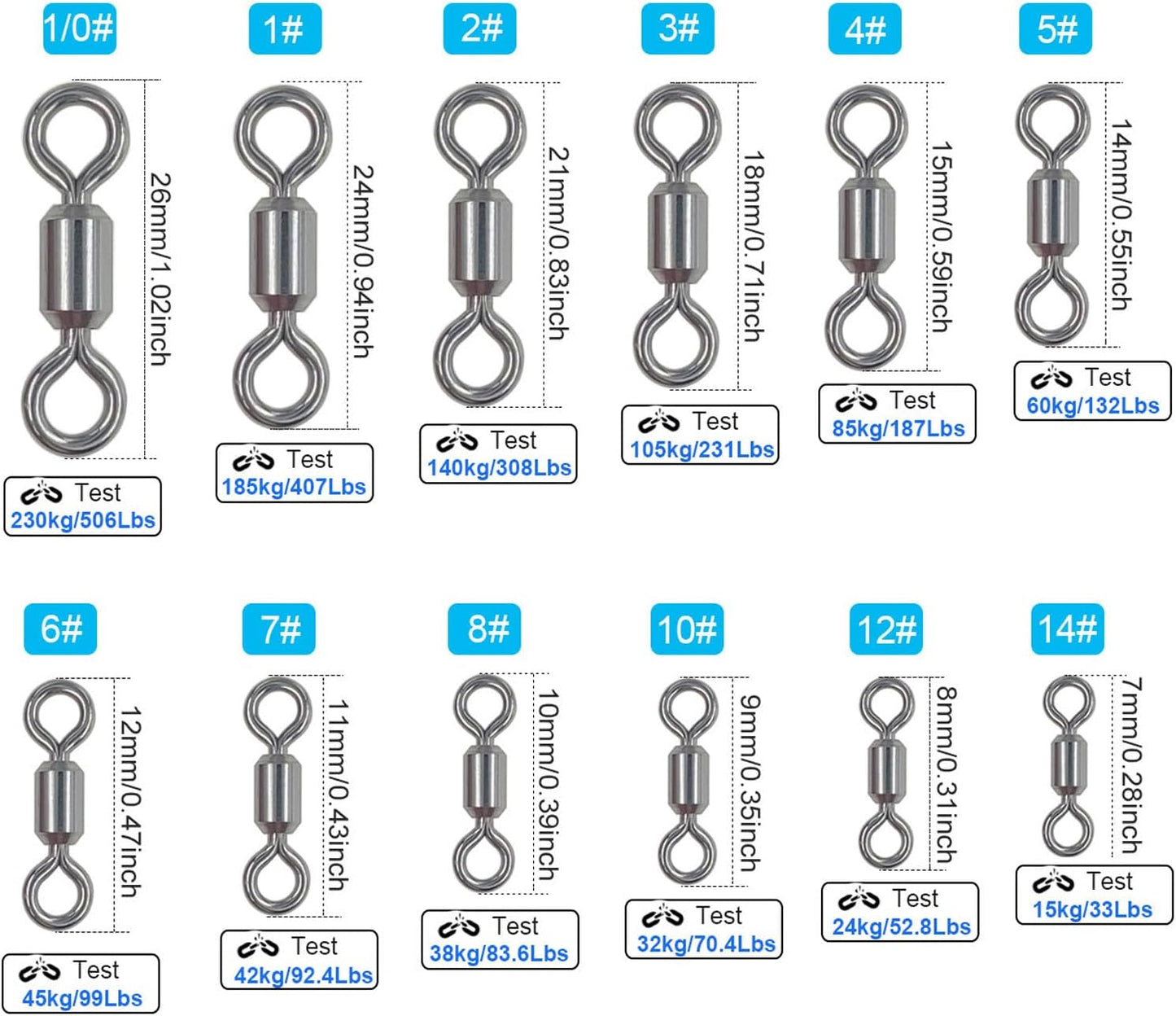 100 Pcs Fishing Swivels Saltwater, 100% 304 Stainless Steel Power Swivel Corrosion Resistance Barrel Swivels High Strength Freshwater Fishing Line Lure Leader Connectors