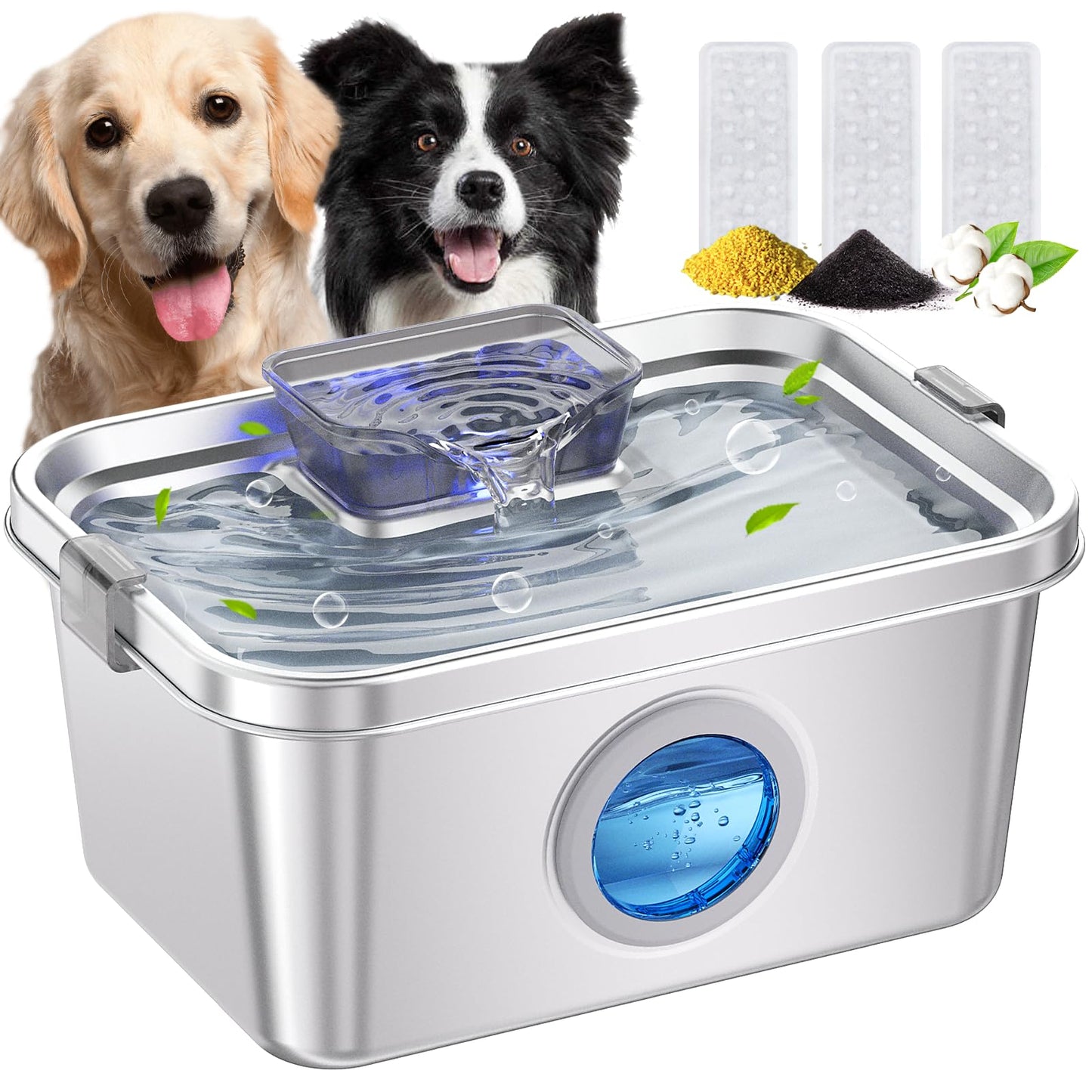 Dog Water Fountain 2 Gal, Stainless Steel Dog Water Fountain for Large Dogs Multi-Cats, Pet Water Fountain with Big Window, Super-Quiet Pump, Indoor Automatic Dog Water Bowl Dispenser Fountain Filters