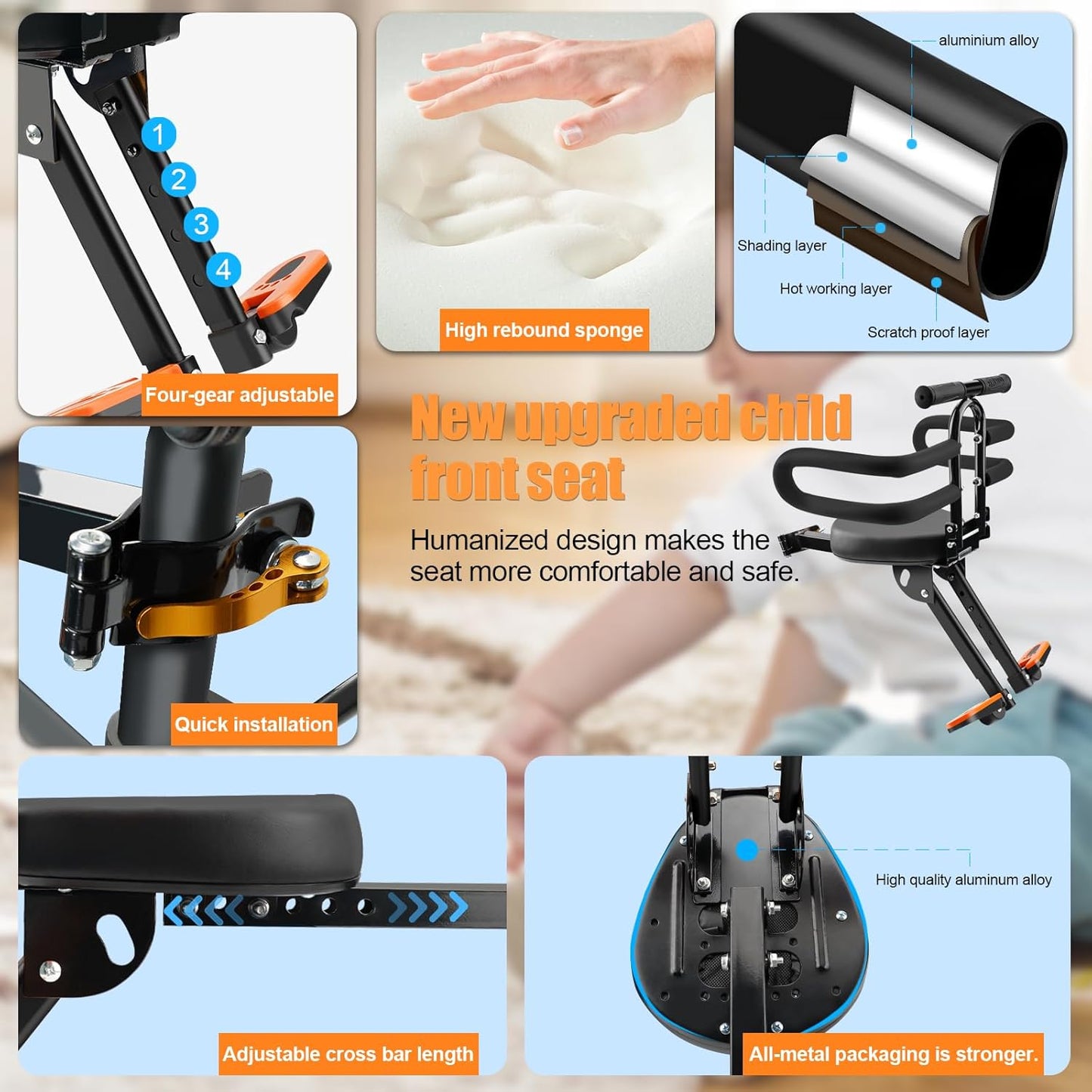 Kids Bike Seat with Handlebar Attachment, Detachable Front Mounted Child Bicycle Seats with Foot Pedals for Children 2~5 Years, Compatible with All Adult Mountain Bikes (Handle+Seat)