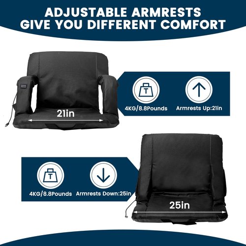 Begonia.K Double Heated Stadium Seats for Bleachers with Back Support, Portable and Lightweight Heated Bleacher Seat with Backrest, 6 Reclining Positions, 3 Levels of Heat for Outdoor Game Sports