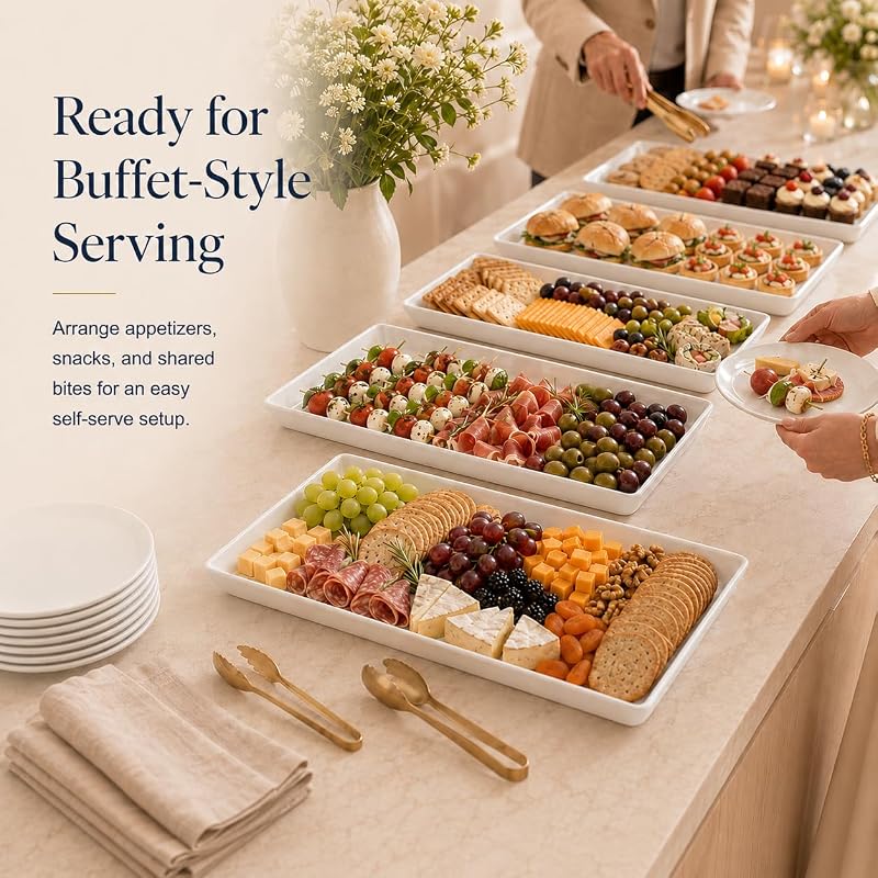 Large Rectangular Serving Platter Set of 3 – 16, 14 & 12 Inch Porcelain Trays, White