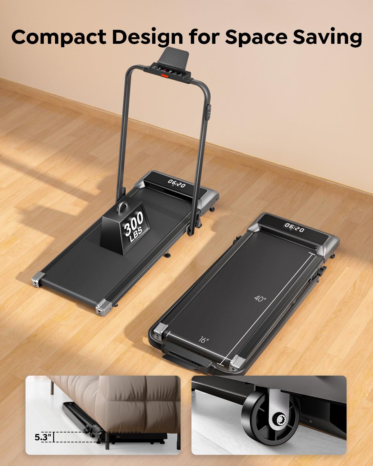 Walking Pad Under Desk Treadmill with Incline, 2 in 1 Folding Treadmills for Home Small Office, 300 lbs Capacity, Portable Compact Walking Treadmill with Remote Control, LED Display and Apps