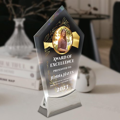8 1/2" Personalized Glass Plaque for Awards and Trophies, Custom Award for Employee of the Month, Retirement, Leadership and Appreciation Gifts K (Design 5)