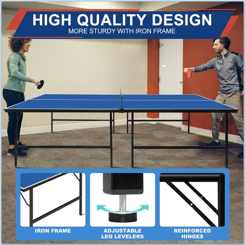 Ping Pong Table Set for Indoor, 9FT Foldable Table Tennis Table with Net, 2 Paddles, 2 Balls, Steel Outdoor Ping Pong Net Set & Frame, Multi Use Conference Table Dining Table